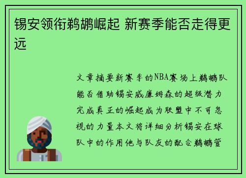 锡安领衔鹈鹕崛起 新赛季能否走得更远